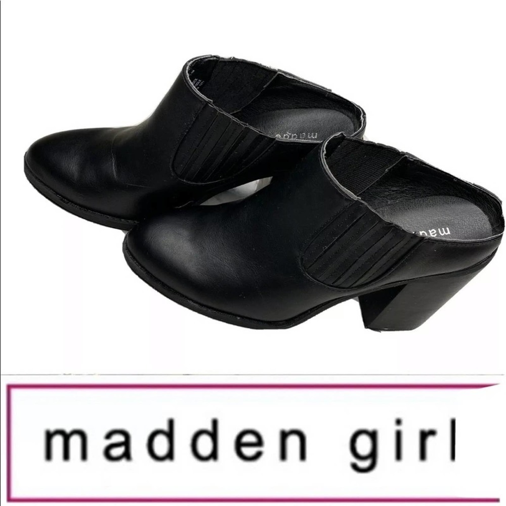 Madden Girl Black Leather Slip On Bootie with heel size 7.5 STRETCHY FOOT